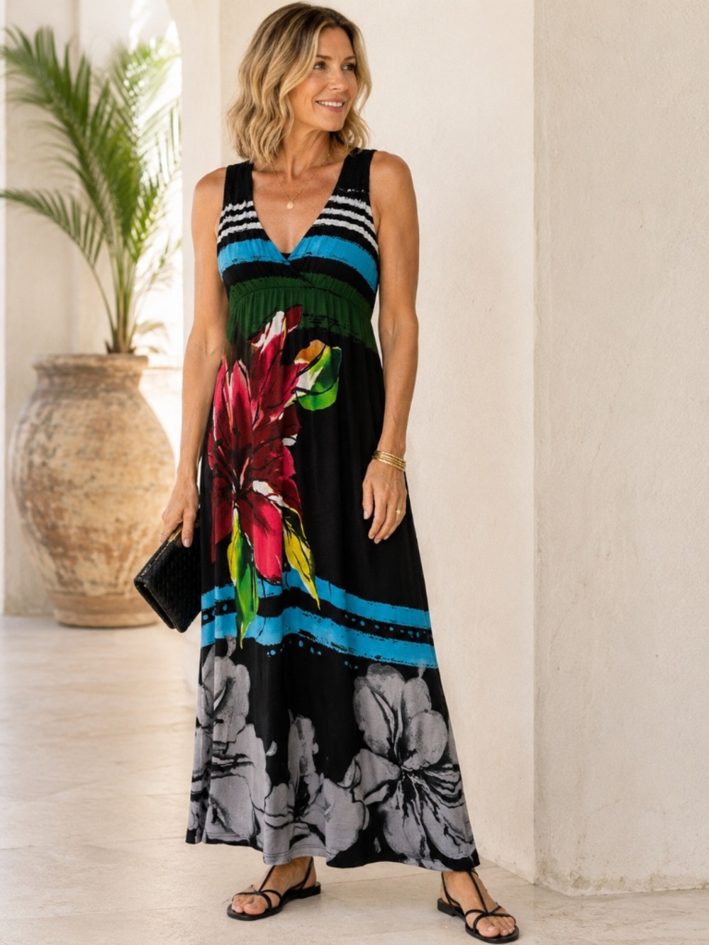 Desigual Black Floral Maxi Dress Lace Back Keyhole Boho Resort Vacation Style